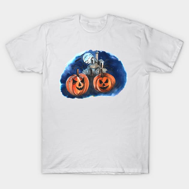 Halloween Night Pumpkin watercolor T-Shirt by Mako Design 